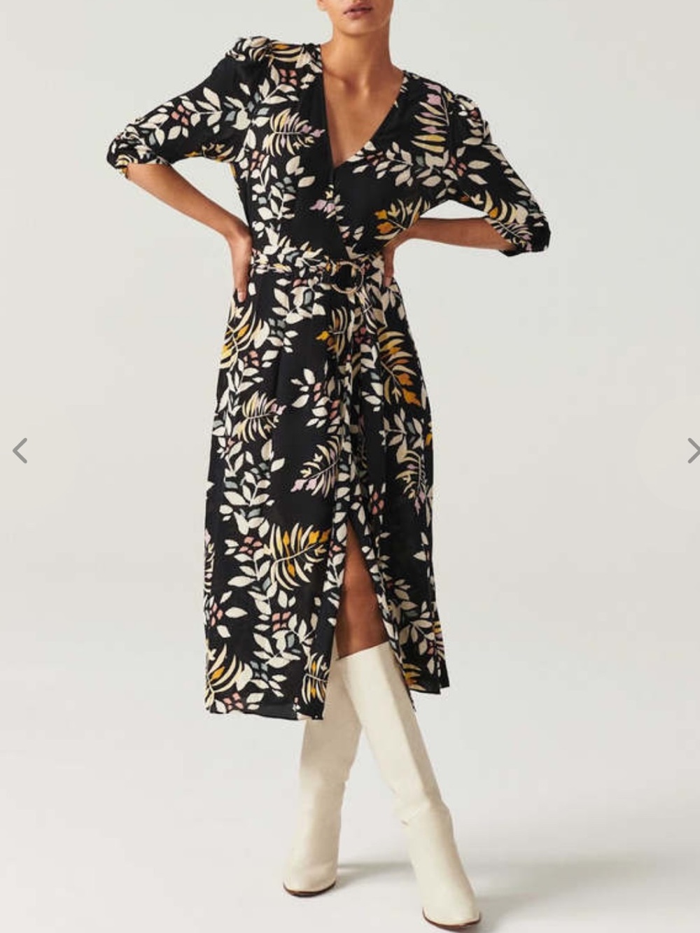 BA&SH crissy v neck puff sleeve leaf print wrap midi dress US SZ 4